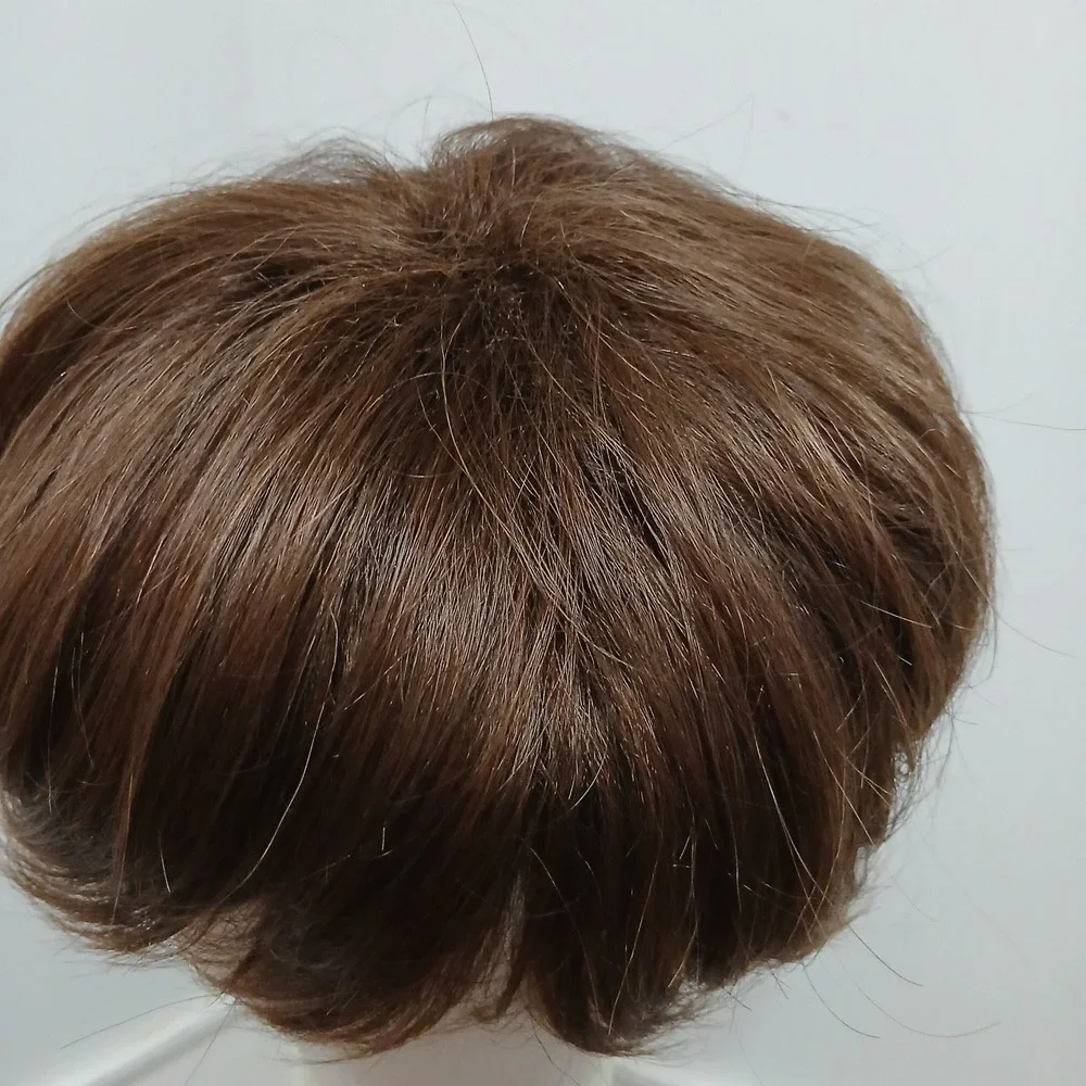 Brown Pixie Cut Wig Wavy Human Synthetic Blend Heat Friendly NEW